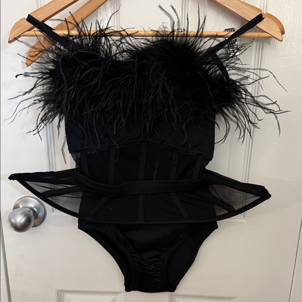 Black Feather Trim Mesh Bodysuit - dance costume with gloves